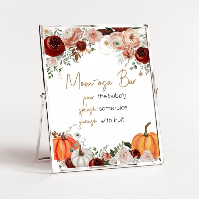 Fall Marsala Burgundy Floral Pumpkin Mom Osa Bar Poster (Fall Floral Pumpkin Baby Shower Mom Osa Bar Sign)