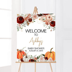 Fall Marsala Burgundy Floral Pumpkin Welcome Poster