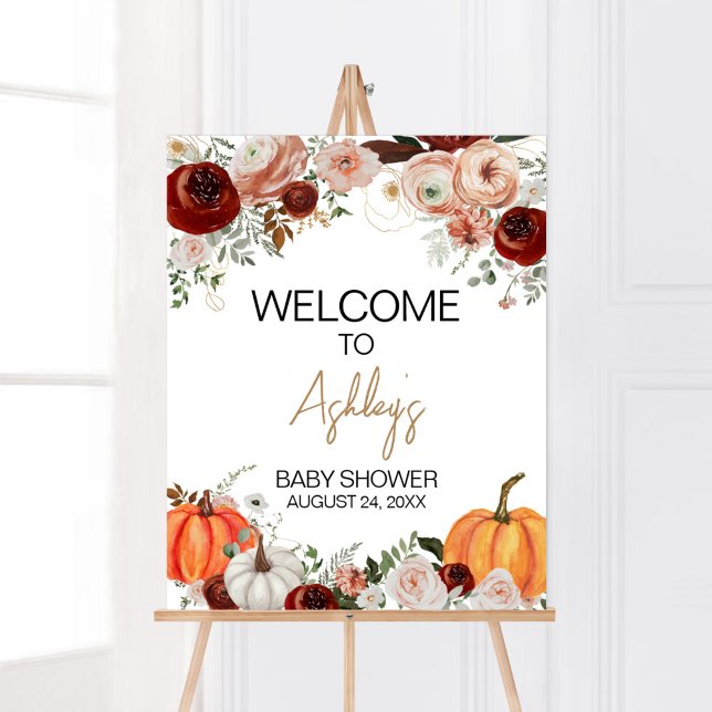 Fall Marsala Burgundy Floral Pumpkin Welcome Poster (Fall Floral Pumpkin Baby Shower Welcome Sign)