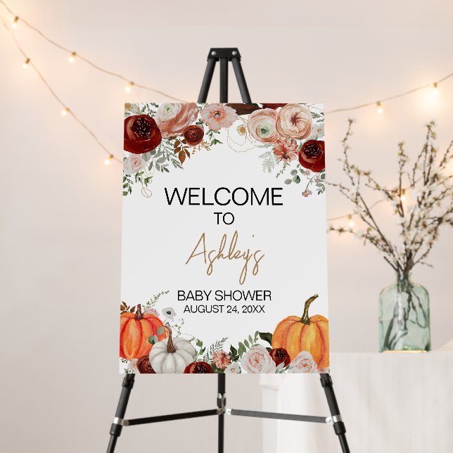 Fall Marsala Burgundy Floral Pumpkin Welcome Sign (In Situ (Stand))