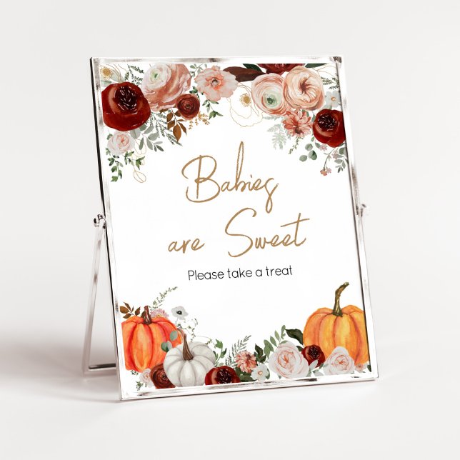 Fall Marsala Burgundy Pumpkin Babies are Sweet Poster (Fall Floral Pumpkin Baby Shower Babies are Sweet Sign)