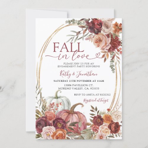 Fall Marsala Floral Pumpkin Gold Engagement Party  Invitation