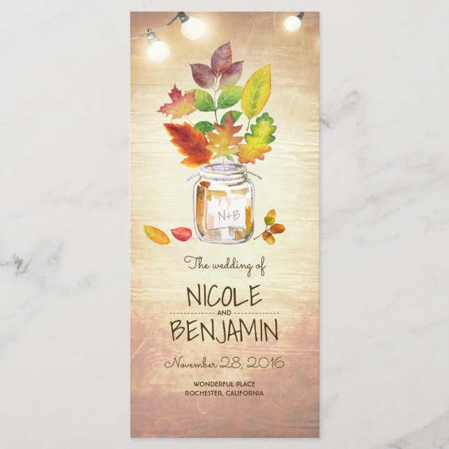 Fall Mason Jar and String Lights Wedding Programs (Front)