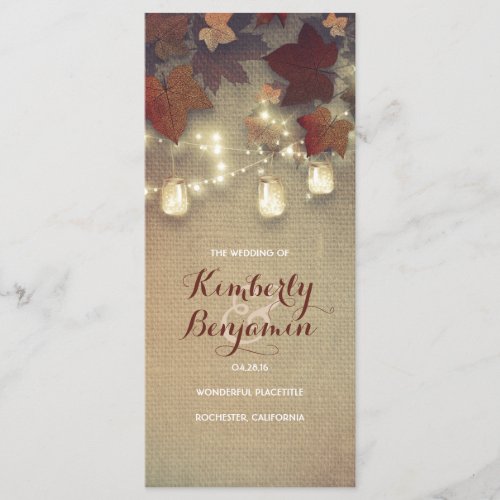 Fall Mason Jar Light Rustic Maple Wedding Programs - Maple burgundy leaves and mason jar string lights fall wedding programs