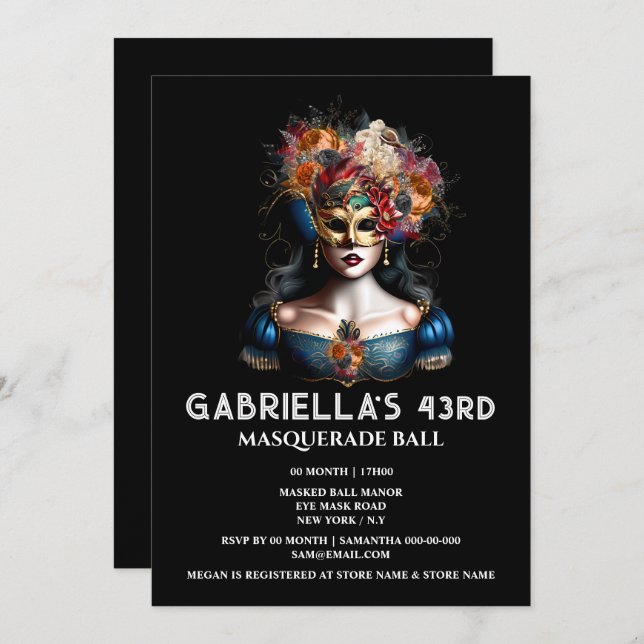 Fall masquerade gypsy blue gold carnival elegant  invitation (Front/Back)