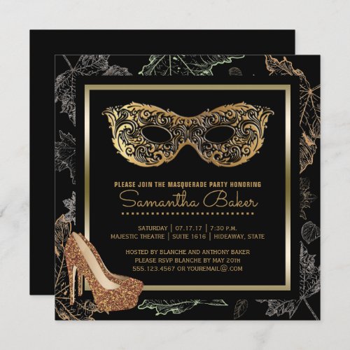 Fall Masquerade Party  Black Gold Costume Ball Invitation