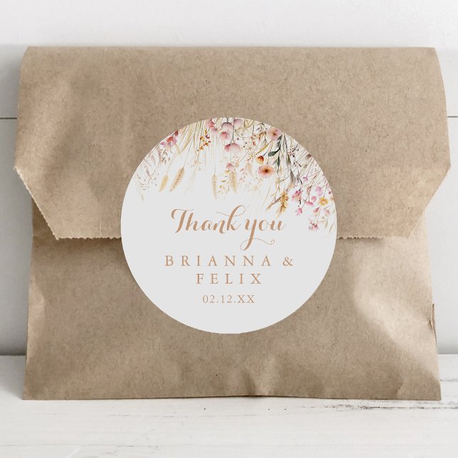 Fall Meadow Wild Floral Thank You Wedding Favor Classic Round Sticker (Creator Uploaded)