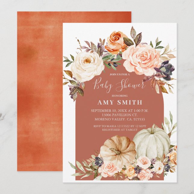 Fall Modern Arch Floral and Pumpkin Baby Shower  Invitation (Front/Back)