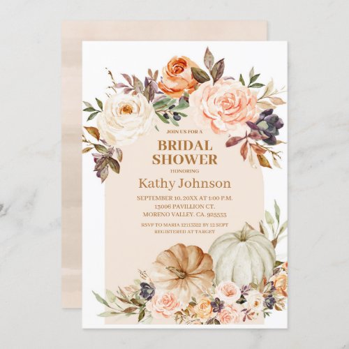 Fall Modern Arch Pumpkin Floral Bridal Shower Invitation