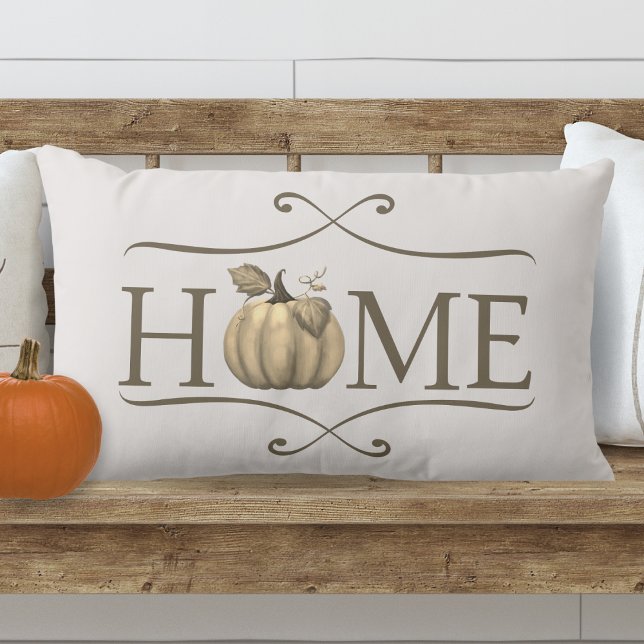 Fall Modern Farmhouse HOME quote with Pumpkin Lumbar Pillow (Autumn Modern Farmhouse HOME Lumbar Pillow with Pumpkin Accent)
