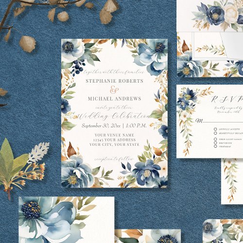 Fall Modern Floral Watercolor Blue Ivory Wedding Invitation