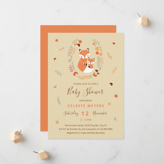 Fall Mom and Baby Fox Baby Shower Announcement (Front/Back In Situ)