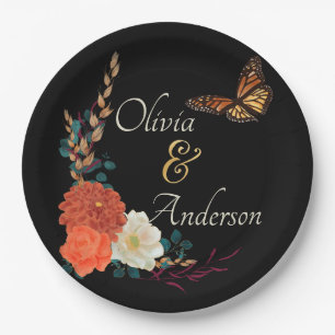 Fall Monarch Butterfly Floral Black Wedding Paper Plates