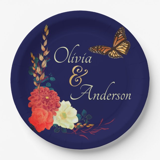 Fall Monarch Butterfly Floral Navy Blue Wedding Paper Plates (Front)