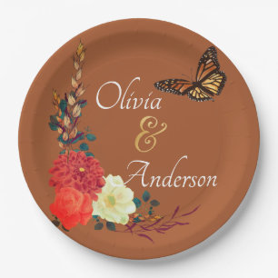 Fall Monarch Butterfly Floral Terracotta Wedding Paper Plates
