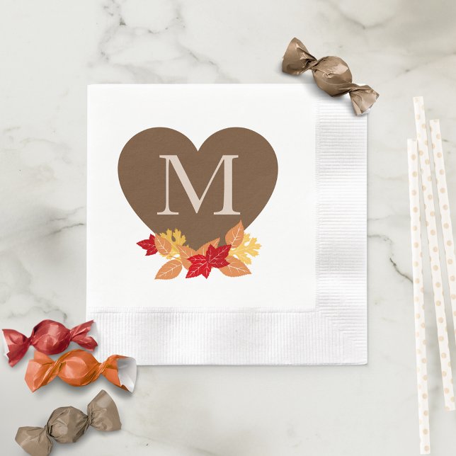 Fall Monogram Bridal Shower or Wedding Napkins (Fall Leaves Monogram Heart Paper Napkins for Fall in Love Bridal Shower or Fall Wedding)