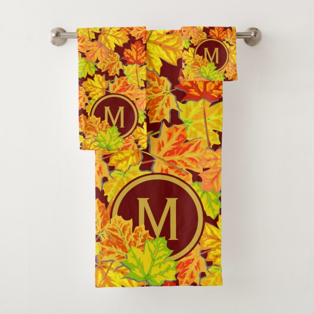 Fall Monogram Maple Leaves Autumn Foliage Pattern Bath Towel Set (Insitu)