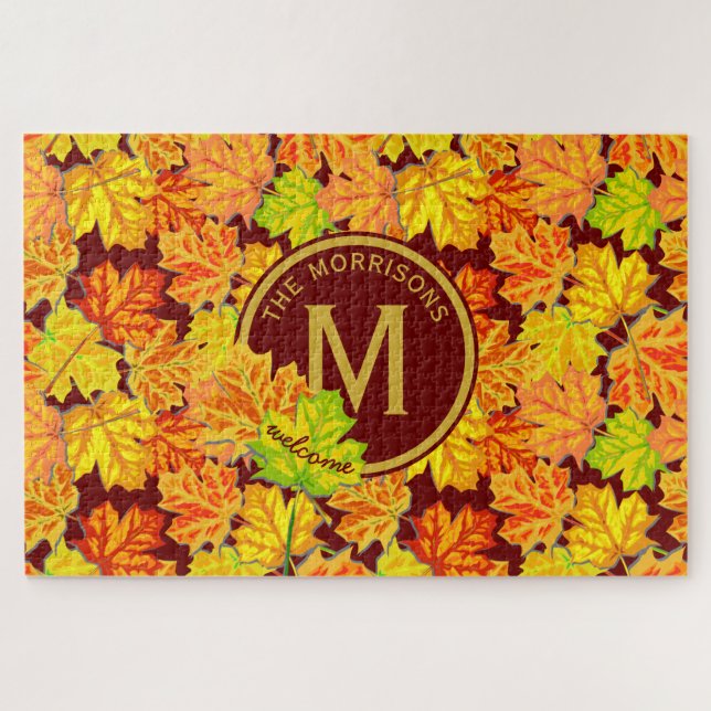Fall Monogram Maple Leaves Autumn Foliage Pattern Jigsaw Puzzle (Horizontal)