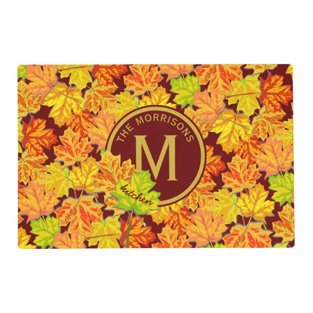 Fall Monogram Maple Leaves Autumn Foliage Pattern Placemat (Front)