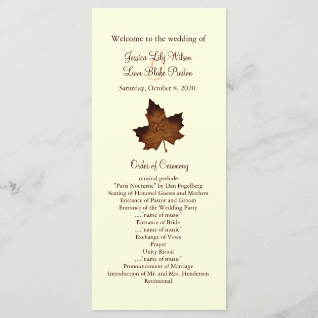 Fall Monogrammed Wedding Program in brown (Front)