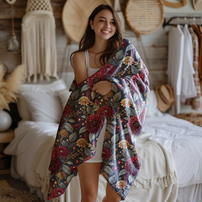 Fall Moody Peony Burgundy on Dark Grey Floral Fleece Blanket (Creator Uploaded)