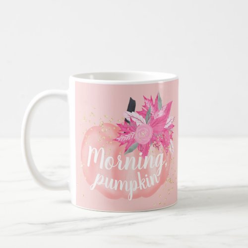 Fall morning pink pumpkin watercolor gold glitter coffee mug