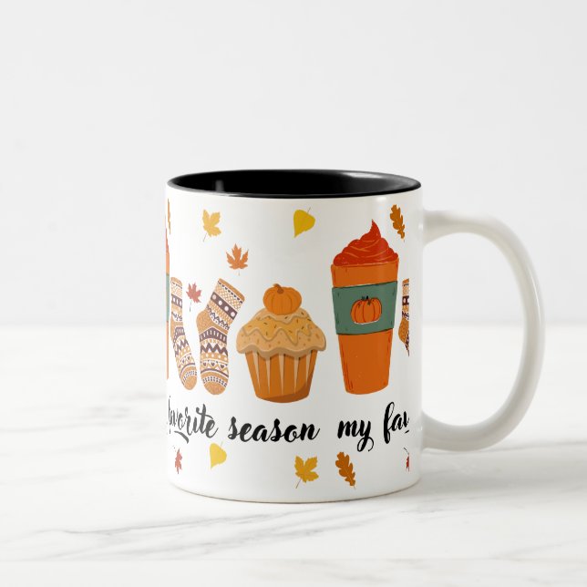 Fall motife with socks, muffin and latte Two-Tone coffee mug (Right)