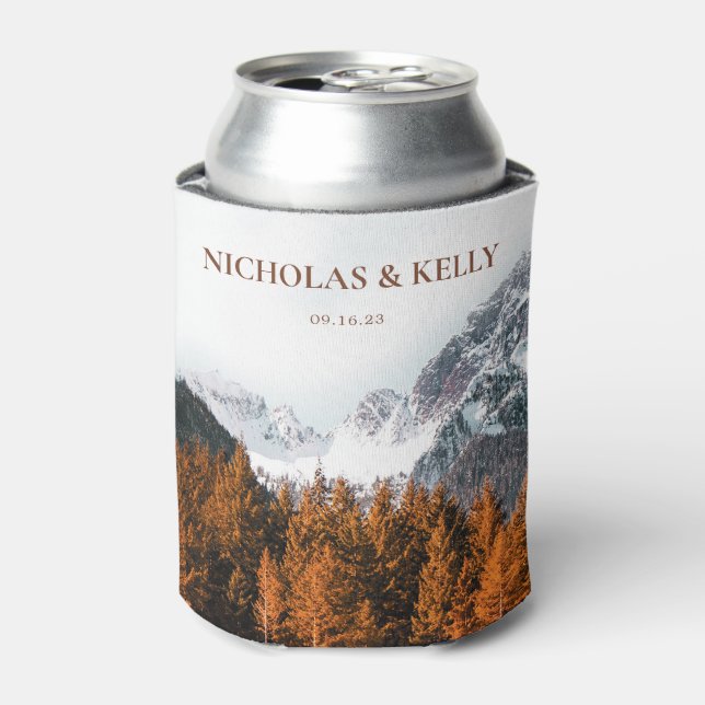 Fall Mountain Forest Wedding Favor Can Cooler (Can Front)