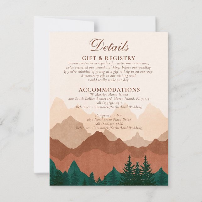 Fall Mountain Terracotta Forest Wedding Details Note Card (Front)