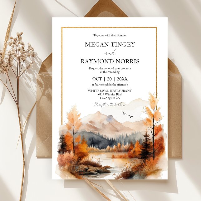 Fall Mountain Watercolor Lakeside Wedding  Invitation (Creator Uploaded)