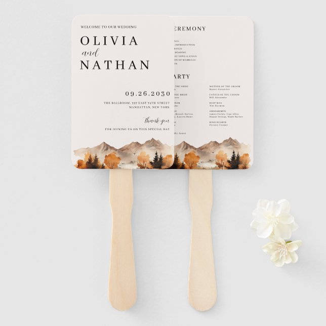 Fall Mountain Wedding Program Fan (Front and Back)