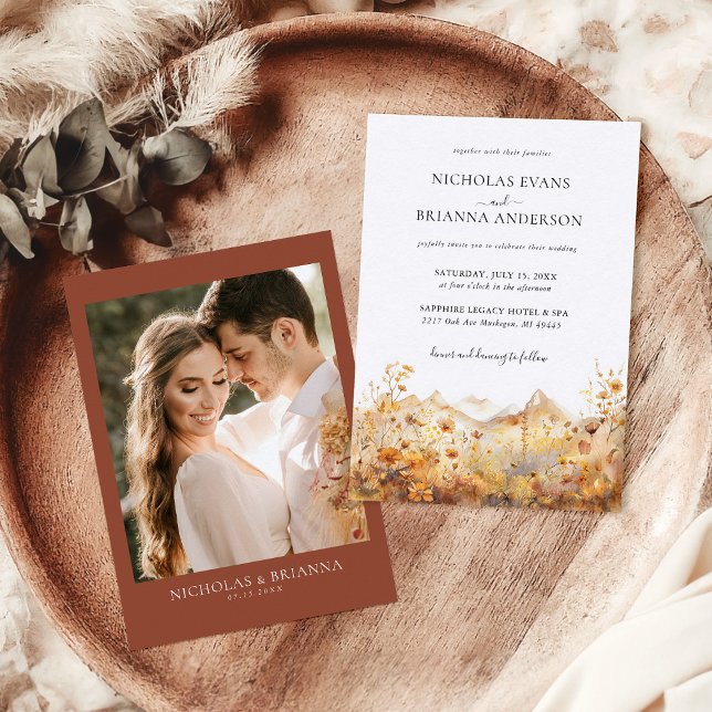 Fall Mountain Wildflower Terracotta Rustic Wedding Invitation (Creator Uploaded)