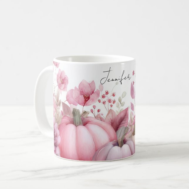 Fall Mug with pink Pumpkins and Flowers (Front Left)