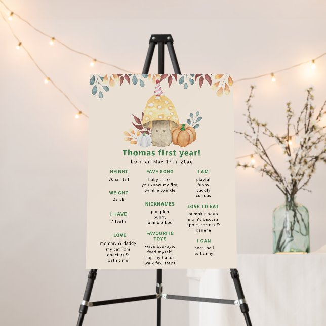 Fall mushroom First Birthday Milestone Birthday Foam Board (In Situ (Stand))