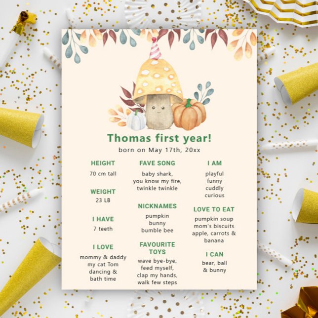 Fall mushroom First Birthday Milestone Birthday Poster (Creator Uploaded)