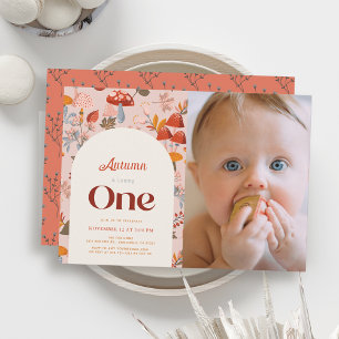 Fall Mushroom Wildflower 1st Birthday Pink Photo Invitation