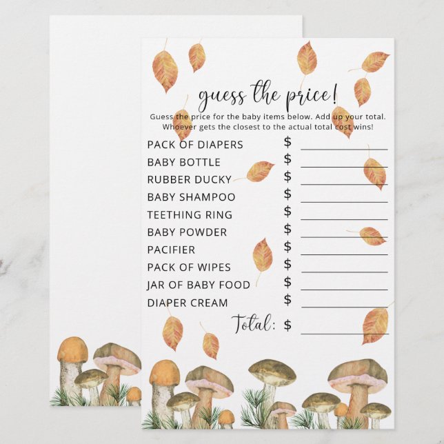 Fall Mushrooms | Baby shower Price Guess Game (Front/Back)