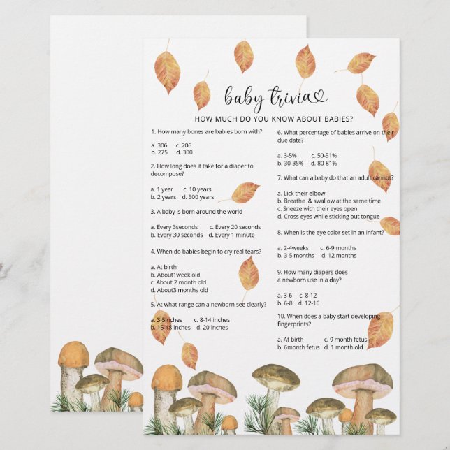 Fall mushrooms -  Baby Trivia | Baby Shower Game (Front/Back)