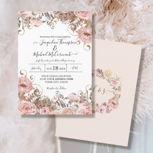 Fall Muted Blush Pink Watercolor Floral Rose Gold Invitation
