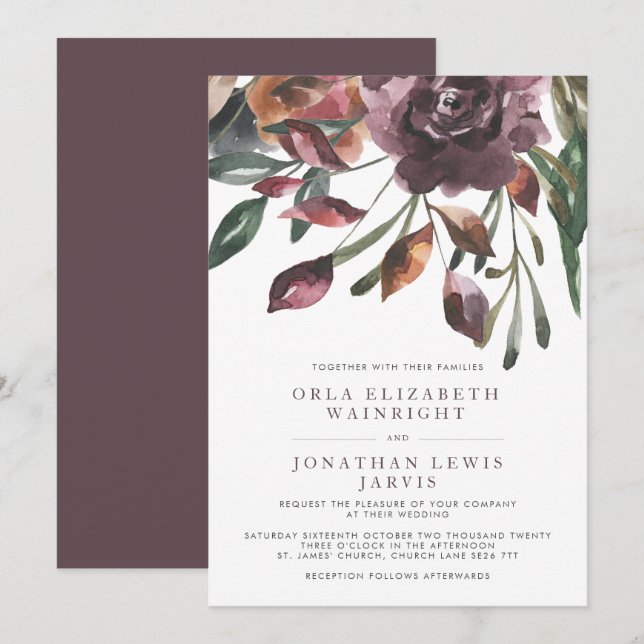 Fall Muted Purple Watercolor Floral Wedding Invitation (Front/Back)