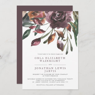 Fall Muted Purple Watercolor Floral Wedding Invitation