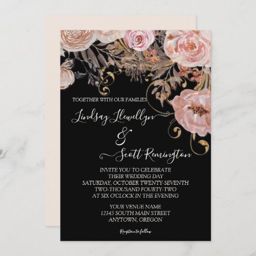 Fall Muted Watercolor Floral Rose Gold Wedding Invitation
