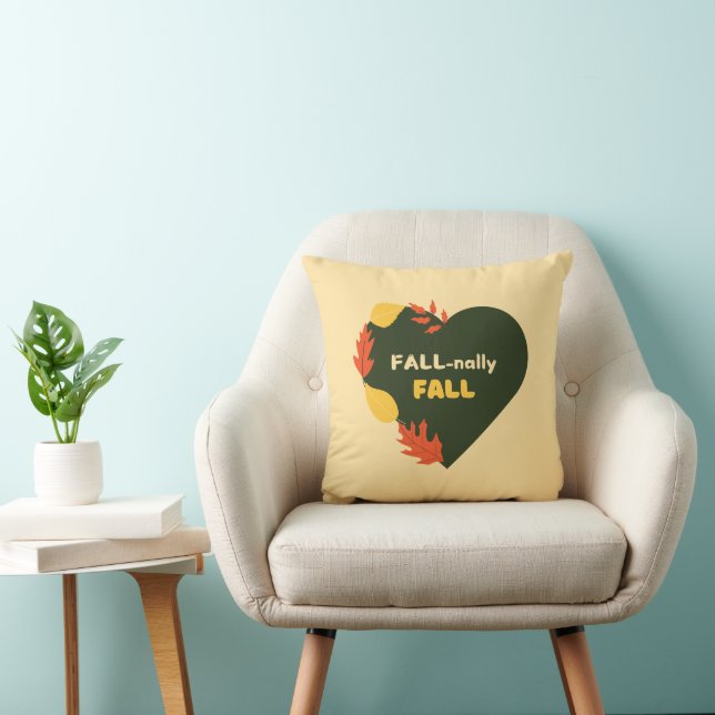 Fall-nally Fall text Autumn Leaves and Green Heart Throw Pillow (Chair)