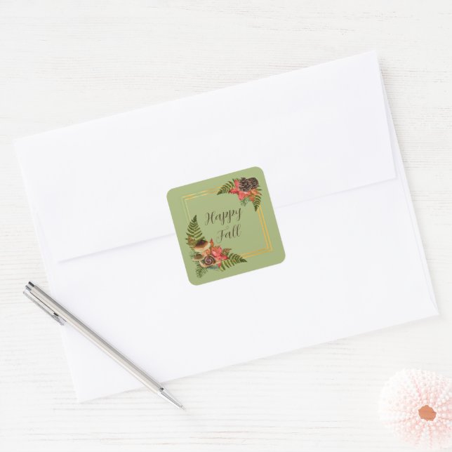 Fall nature frame with customizable text  square sticker (Envelope)
