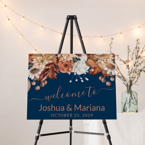 Fall Navy Blue Floral Bouquet Wedding Welcome Sign