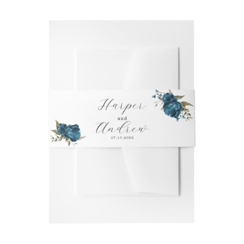 Fall Navy Blue Floral Wedding  Invitation Belly Band