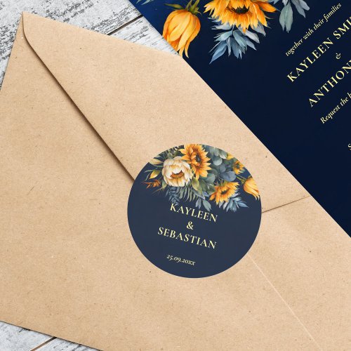 Fall navy blue rustic sunflower wedding  classic round sticker