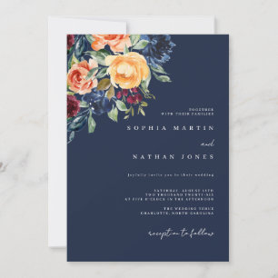 Fall Navy Burgundy Watercolor Florals Wedding Invitation