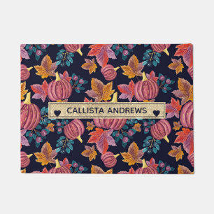 Fall Navy Pumpkin Leaves Watercolor Monogram Doormat
