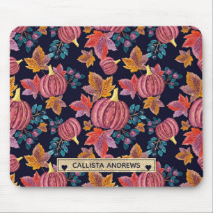 Fall Navy Pumpkin Leaves Watercolor Monogram Mouse Pad